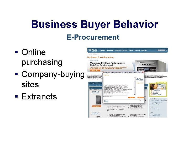Business Buyer Behavior E-Procurement § Online purchasing § Company-buying sites § Extranets 