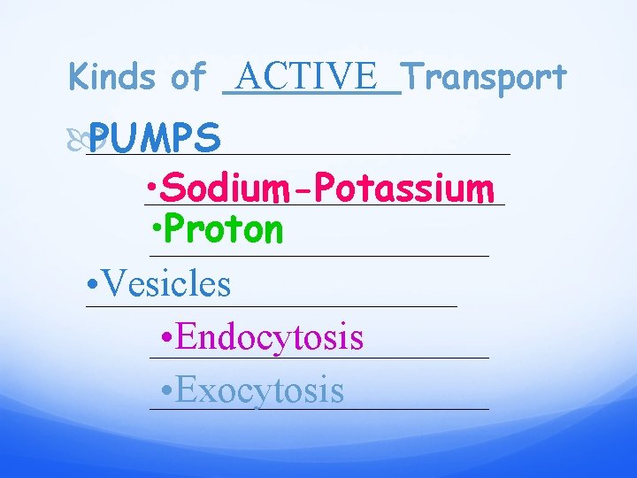 ACTIVE Kinds of ____Transport ____________________ PUMPS • _________________ Sodium-Potassium • ________________ Proton • Vesicles