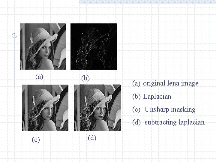 (a) (b) (a) original lena image (b) Laplacian (c) Unsharp masking (d) subtracting laplacian