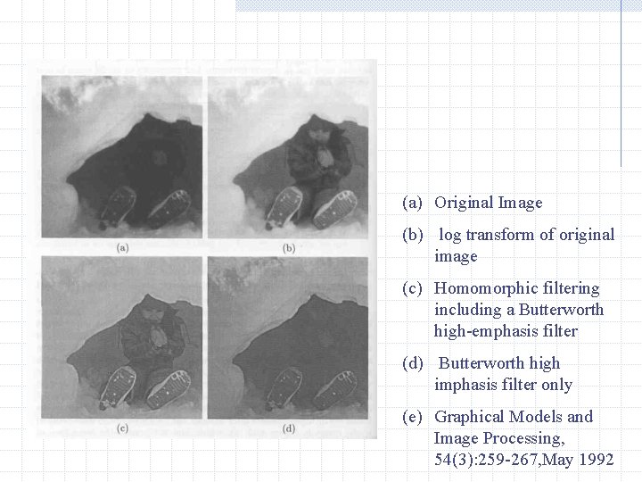 (a) Original Image (b) log transform of original image (c) Homomorphic filtering including a
