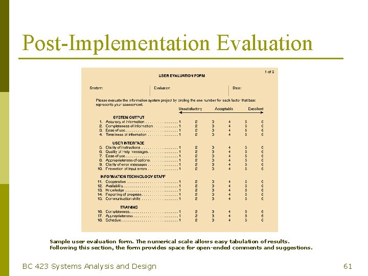 Post-Implementation Evaluation Sample user evaluation form. The numerical scale allows easy tabulation of results.
