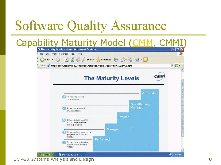 Software Quality Assurance Capability Maturity Model (CMM, CMMI) BC 423 Systems Analysis and Design