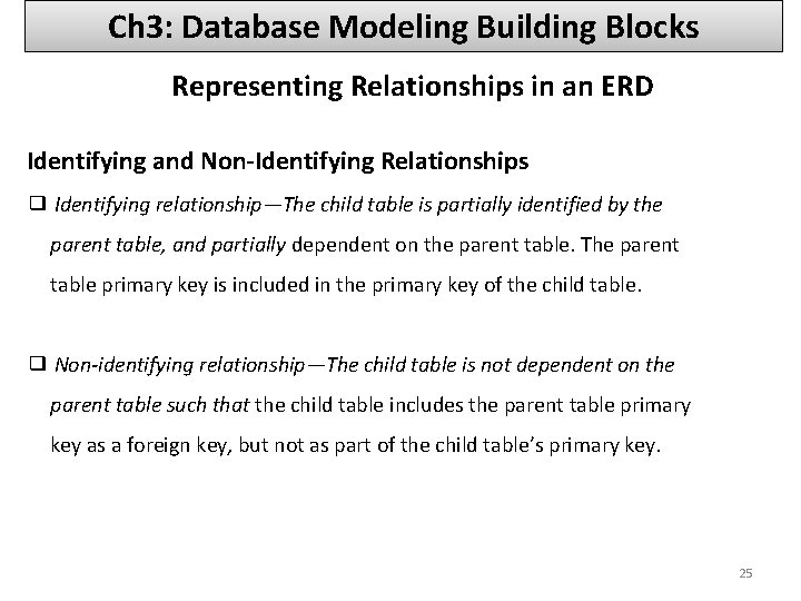 Ch 3: Database Modeling Building Blocks Representing Relationships in an ERD Identifying and Non-Identifying