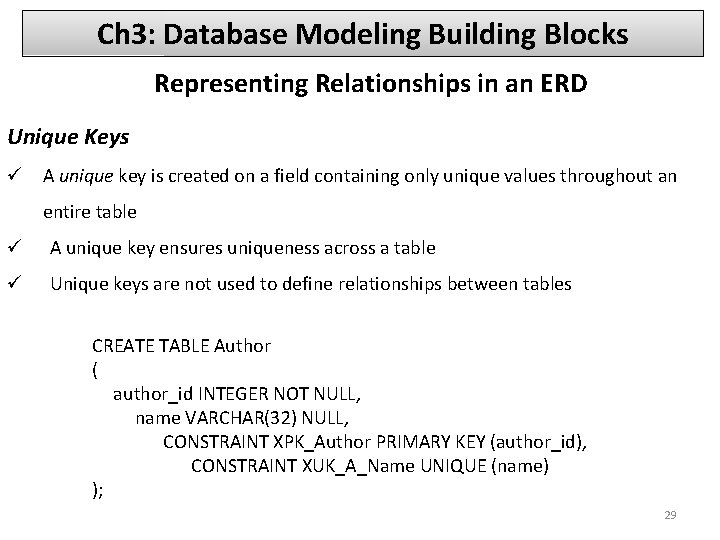 Ch 3: Database Modeling Building Blocks Representing Relationships in an ERD Unique Keys ü