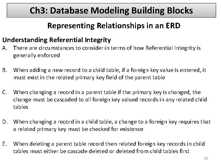 Ch 3: Database Modeling Building Blocks Representing Relationships in an ERD Understanding Referential Integrity