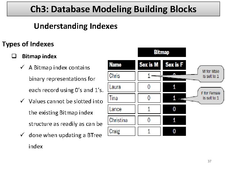 Ch 3: Database Modeling Building Blocks Understanding Indexes Types of Indexes q Bitmap index