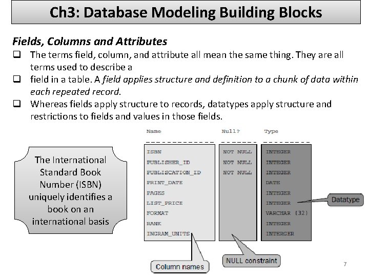 Ch 3: Database Modeling Building Blocks Fields, Columns and Attributes q The terms field,
