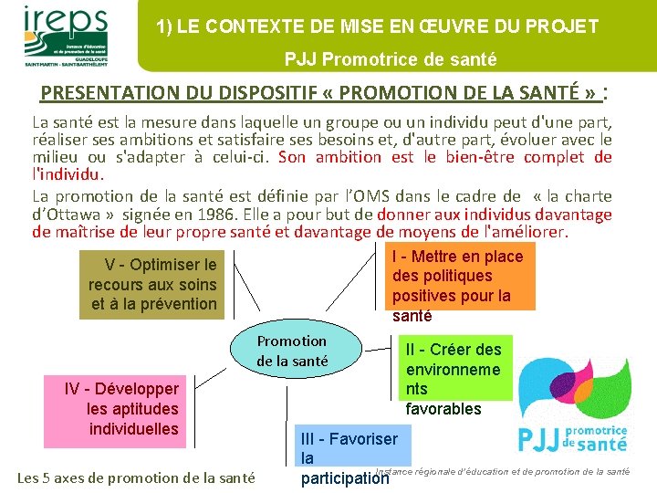 1) LE CONTEXTE DE MISE EN ŒUVRE DU PROJET PJJ Promotrice de santé PRESENTATION