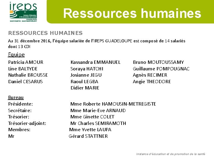 Ressources humaines RESSOURCES HUMAINES Au 31 décembre 2016, l’équipe salariée de l’IREPS GUADELOUPE est