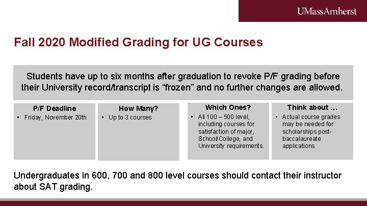 Fall 2020 Modified Grading for UG Courses Students have up to six months after