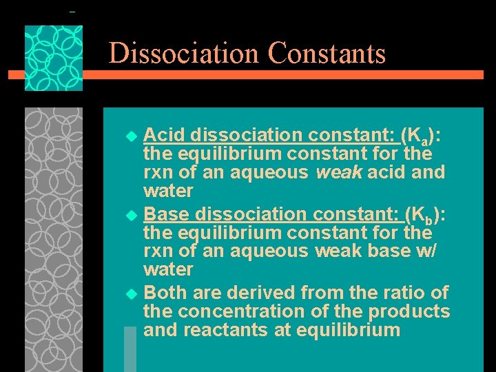 Dissociation Constants Acid dissociation constant: (Ka): the equilibrium constant for the rxn of an