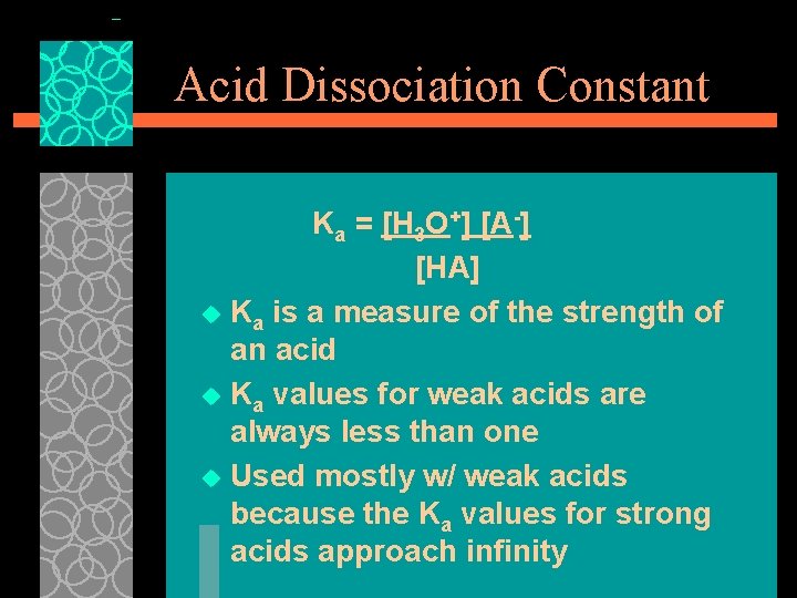 Acid Dissociation Constant Ka = [H 3 O+] [A-] [HA] u Ka is a