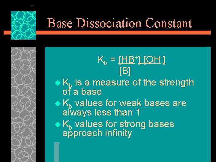 Base Dissociation Constant Kb = [HB+] [OH ] [B] u Kb is a measure