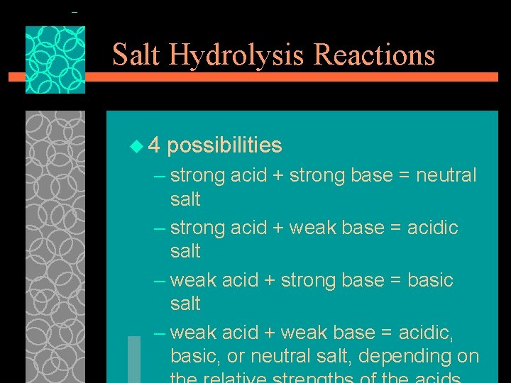 Salt Hydrolysis Reactions u 4 possibilities – strong acid + strong base = neutral