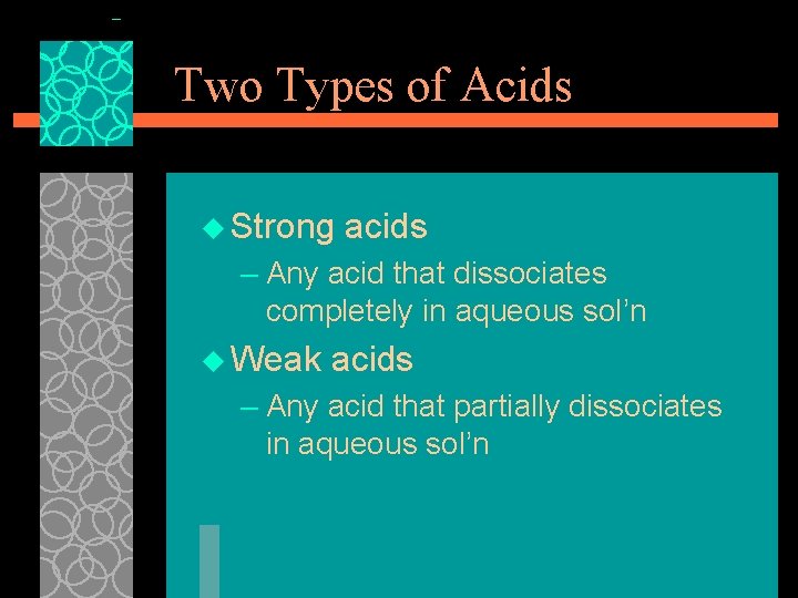 Two Types of Acids u Strong acids – Any acid that dissociates completely in
