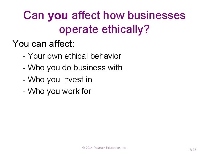 Can you affect how businesses operate ethically? You can affect: - Your own ethical