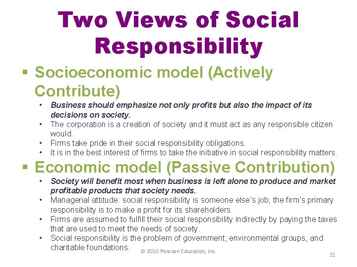 Two Views of Social Responsibility § Socioeconomic model (Actively Contribute) • • Business should