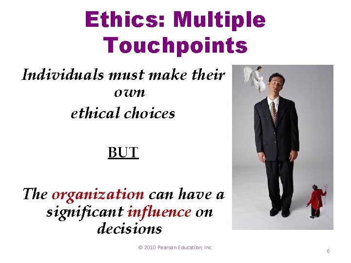 Ethics: Multiple Touchpoints Individuals must make their own ethical choices BUT The organization can