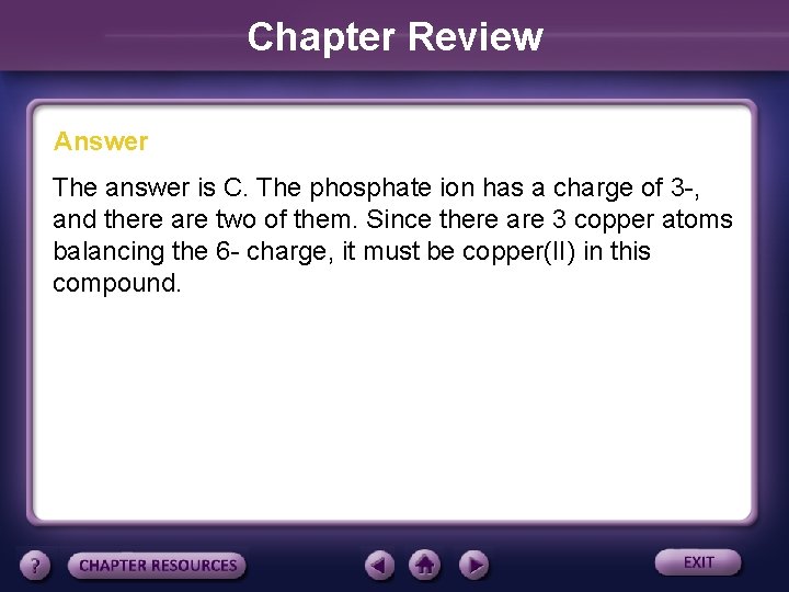 Chapter Review Answer The answer is C. The phosphate ion has a charge of