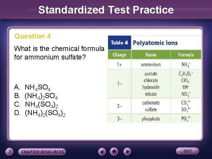 Standardized Test Practice Question 4 What is the chemical formula for ammonium sulfate? A.