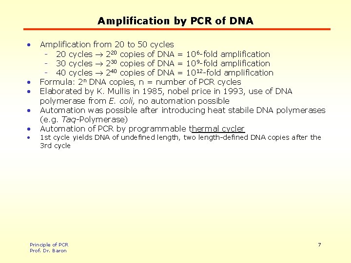 Amplification by PCR of DNA • • • Amplification from 20 to 50 cycles
