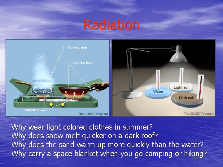 Radiation Why wear light colored clothes in summer? Why does snow melt quicker on