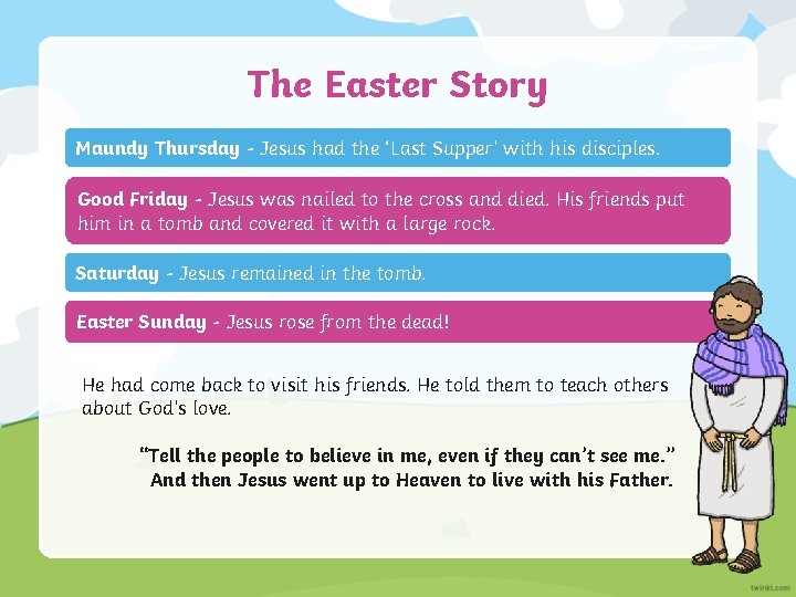 The Easter Story Maundy Thursday - Jesus had the ‘Last Supper’ with his disciples.