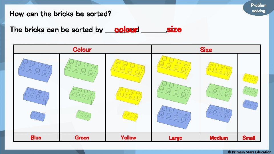 Problem solving How can the bricks be sorted? The bricks can be sorted by