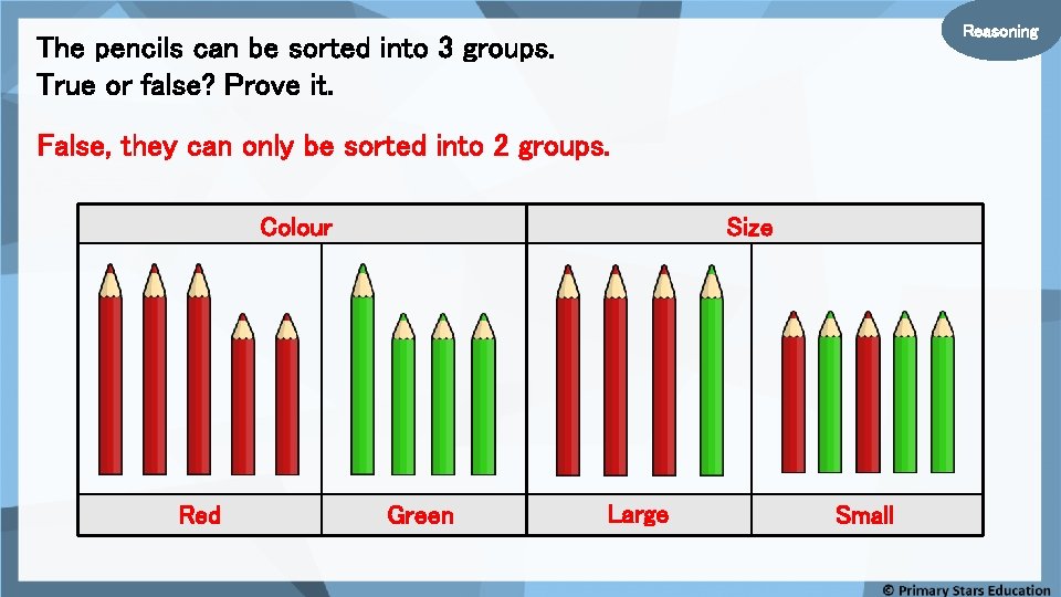 Reasoning The pencils can be sorted into 3 groups. True or false? Prove it.