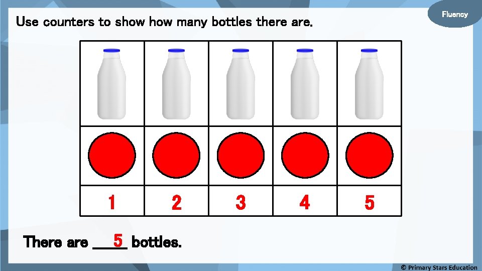 Fluency Use counters to show many bottles there are. 1 2 5 bottles. There
