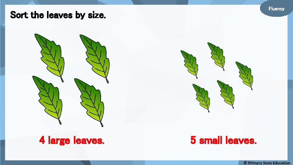 Fluency Sort the leaves by size. 4 large leaves. 5 small leaves. 