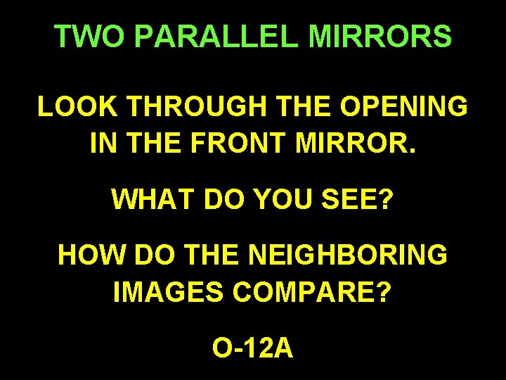 TWO PARALLEL MIRRORS LOOK THROUGH THE OPENING IN THE FRONT MIRROR. WHAT DO YOU