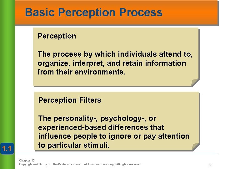 Basic Perception Process Perception The process by which individuals attend to, organize, interpret, and
