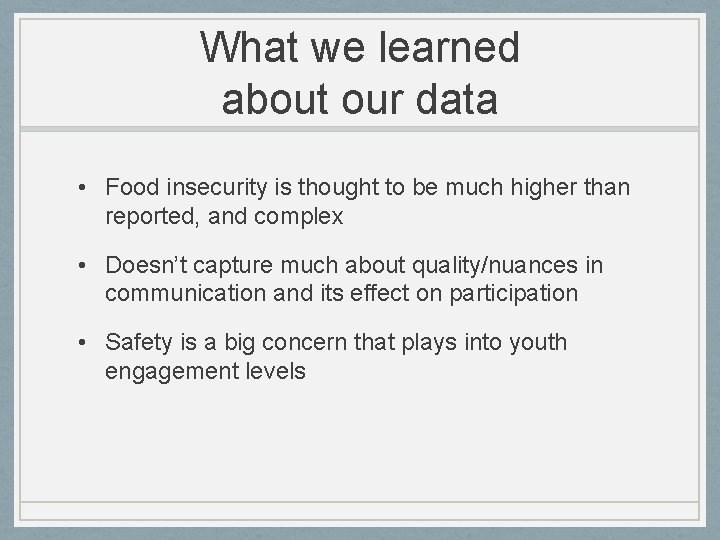 What we learned about our data • Food insecurity is thought to be much