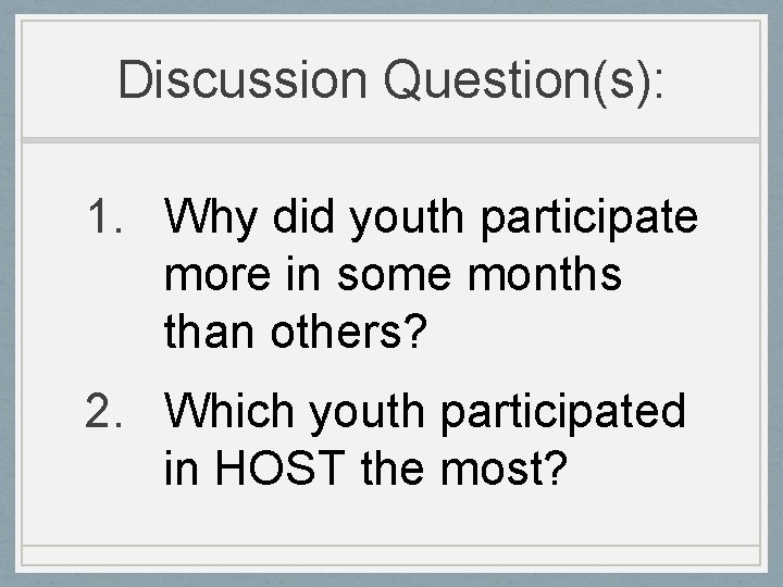 Discussion Question(s): 1. Why did youth participate more in some months than others? 2.
