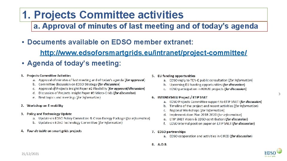 1. Projects Committee activities a. Approval of minutes of last meeting and of today’s