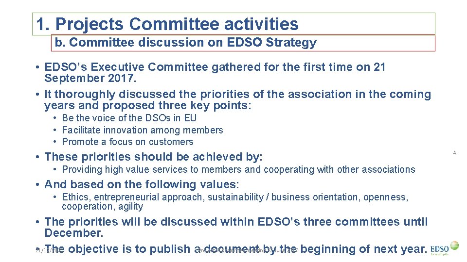 1. Projects Committee activities b. Committee discussion on EDSO Strategy • EDSO’s Executive Committee