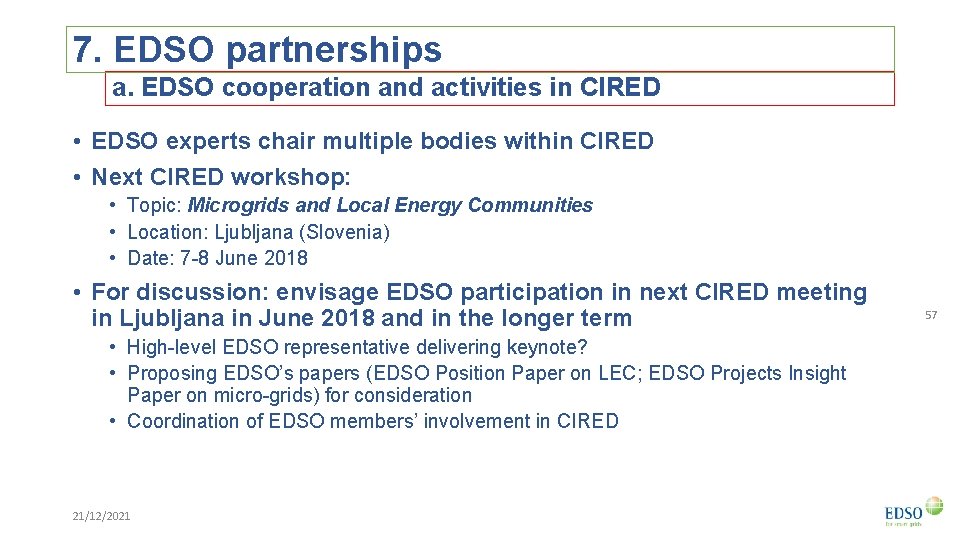 7. EDSO partnerships a. EDSO cooperation and activities in CIRED • EDSO experts chair