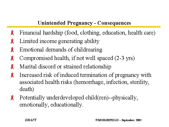 Unintended Pregnancy - Consequences Financial hardship (food, clothing, education, health care) Limited income generating