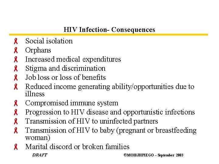 HIV Infection- Consequences - Social isolation Orphans Increased medical expenditures Stigma and discrimination Job