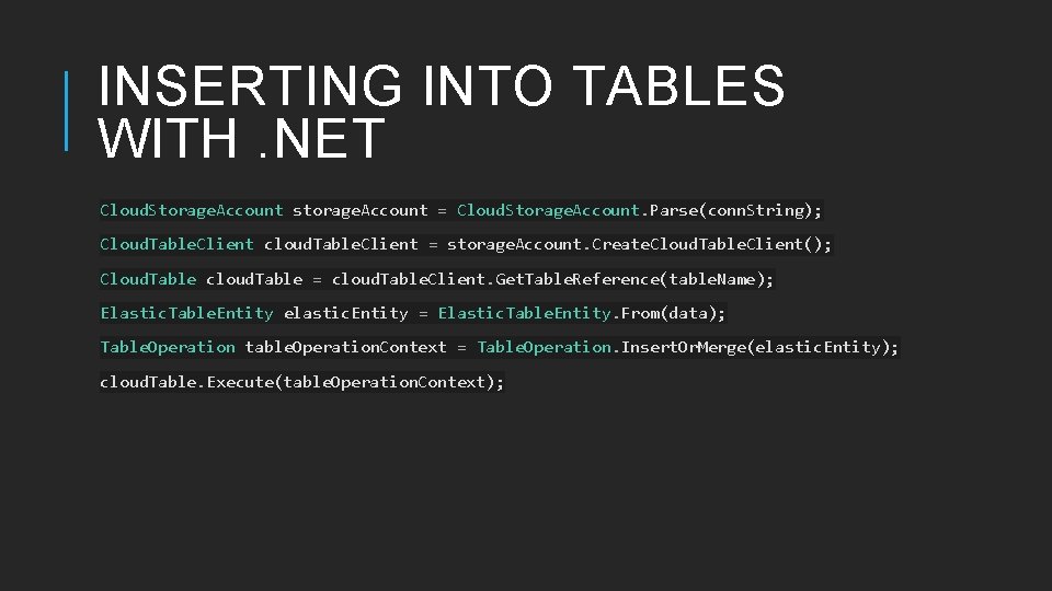 INSERTING INTO TABLES WITH. NET Cloud. Storage. Account storage. Account = Cloud. Storage. Account. INSERTING INTO TABLES WITH. NET Cloud. Storage. Account storage. Account = Cloud. Storage. Account.