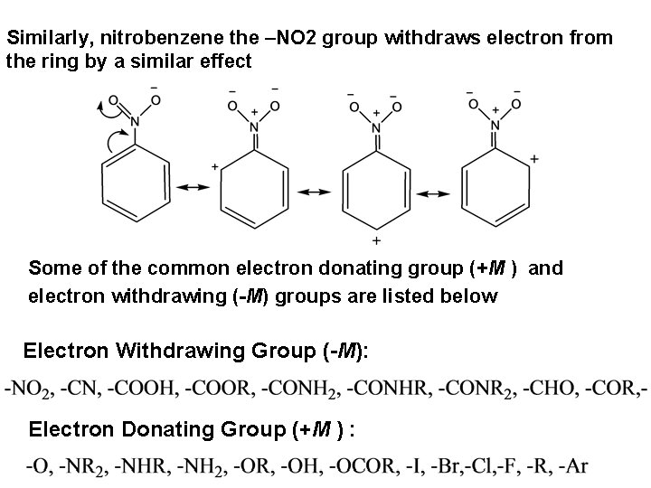 Similarly, nitrobenzene the –NO 2 group withdraws electron from the ring by a similar