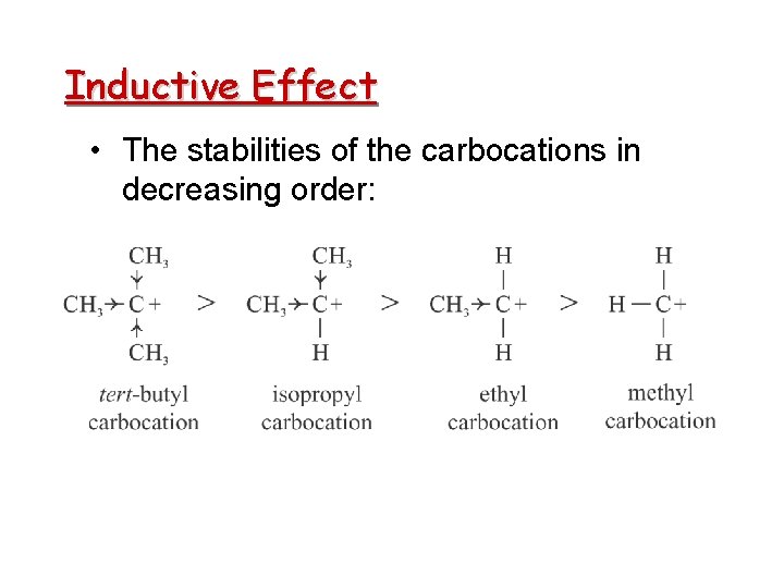 Inductive Effect • The stabilities of the carbocations in decreasing order: 