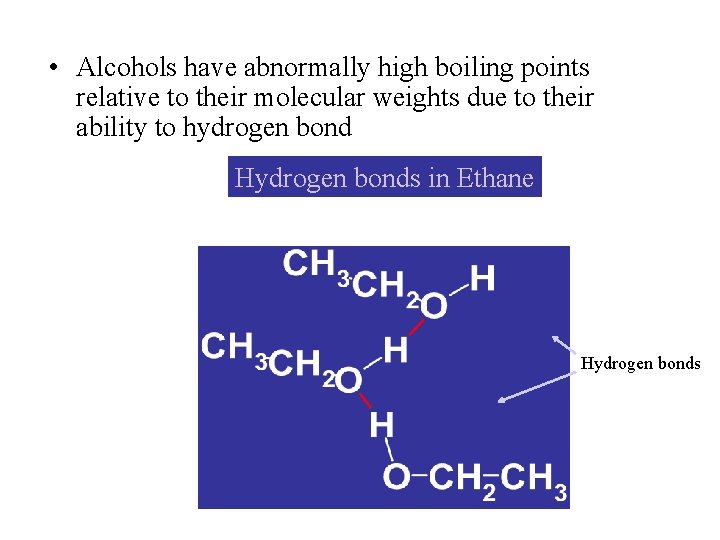  • Alcohols have abnormally high boiling points relative to their molecular weights due