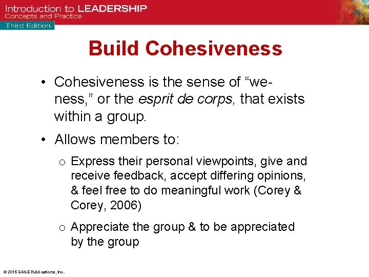 Build Cohesiveness • Cohesiveness is the sense of “weness, ” or the esprit de