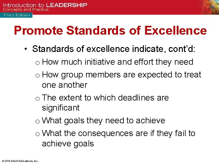 Promote Standards of Excellence • Standards of excellence indicate, cont’d: o How much initiative