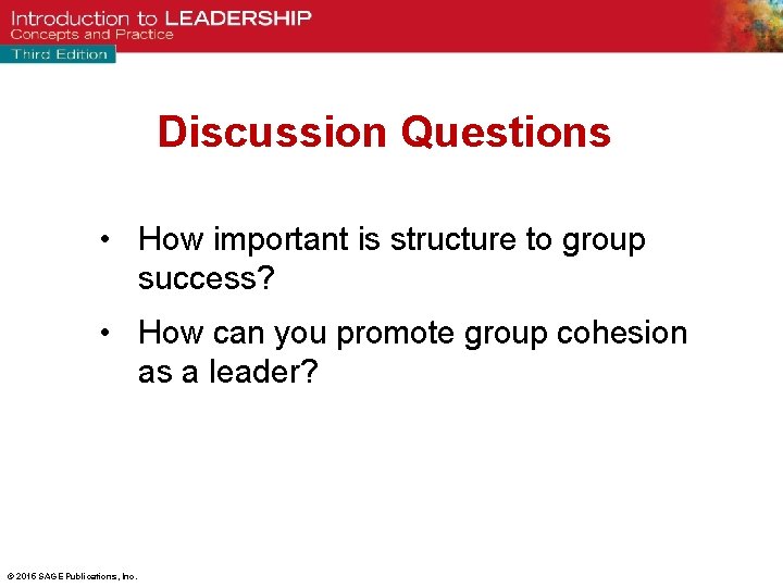 Discussion Questions • How important is structure to group success? • How can you