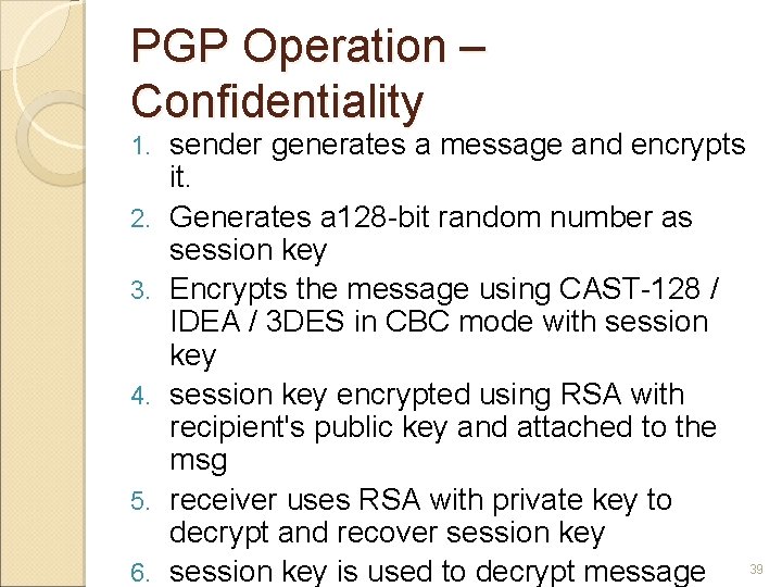 PGP Operation – Confidentiality 1. 2. 3. 4. 5. 6. sender generates a message