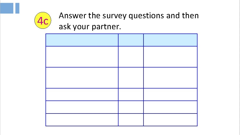 4 c Answer the survey questions and then ask your partner. 