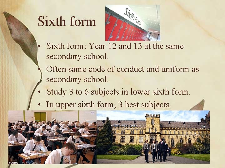Sixth form • Sixth form: Year 12 and 13 at the same secondary school.